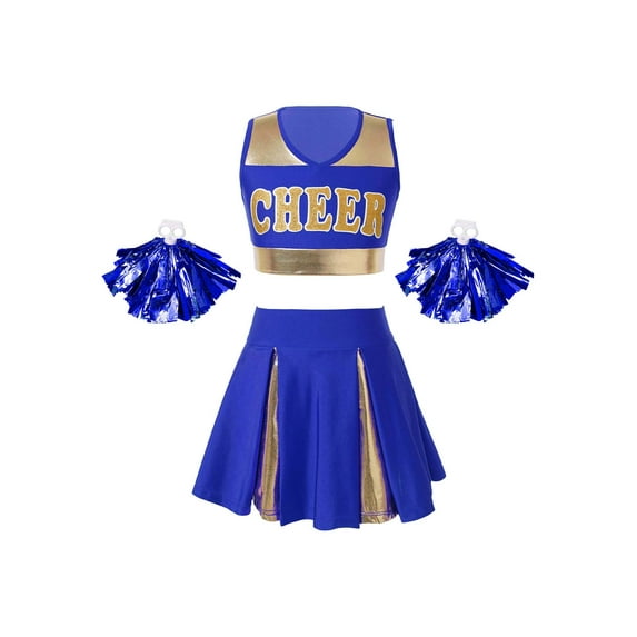 TiaoBug Kids Girls Cheer Leader Costume School Uniform Cheerleading Dancewear Tank Top Pleated Skirt with Pompoms Blue 12