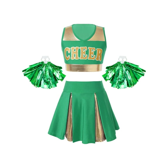 TiaoBug Kids Girls Cheer Leader Costume School Uniform Cheerleading Dancewear Tank Top Pleated Skirt with Pompoms Green 10
