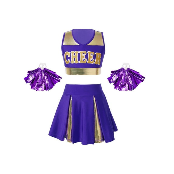 TiaoBug Kids Girls Cheer Leader Costume School Uniform Cheerleading Dancewear Tank Top Pleated Skirt with Pompoms Purple 14