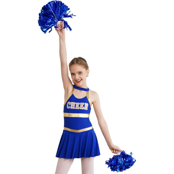 TiaoBug Kids Girls Cheer Leader Dance Costume Carnival Cheerleading Uniform Dress with Pom Poms Set Royal Blue 6