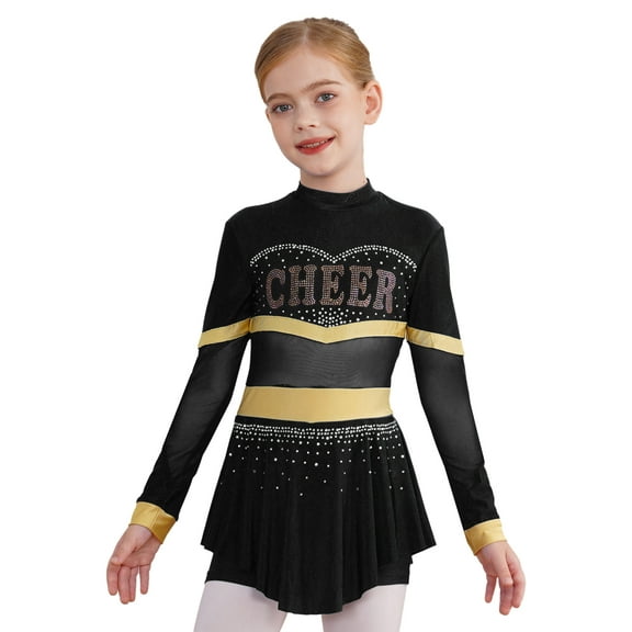 TiaoBug Kids Girls Cheer Leader Uniform Long Sleeve Cheerleading Dress Black 6