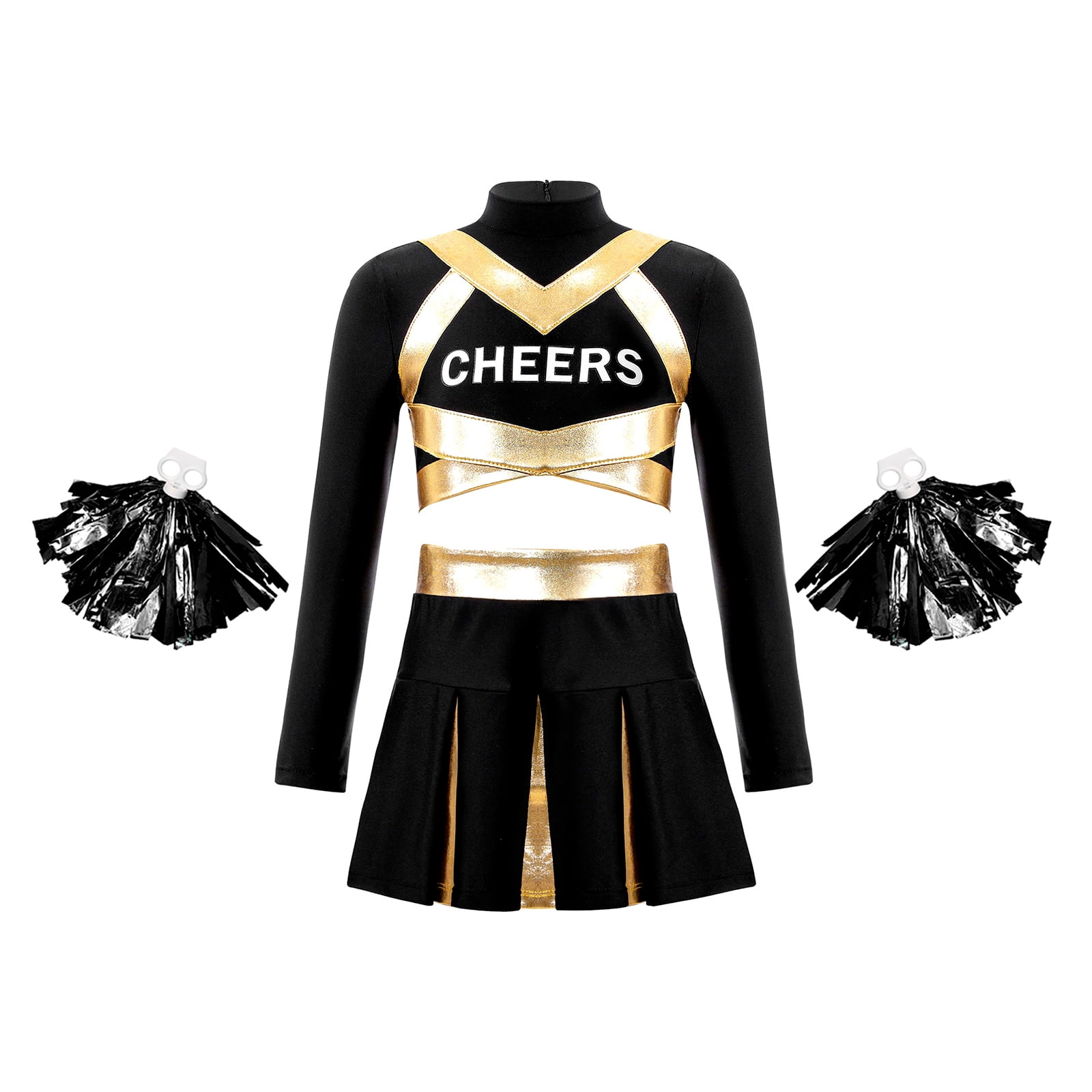 TiaoBug Kids Girls Cheer Leader Uniform Long Sleeve Crop Top