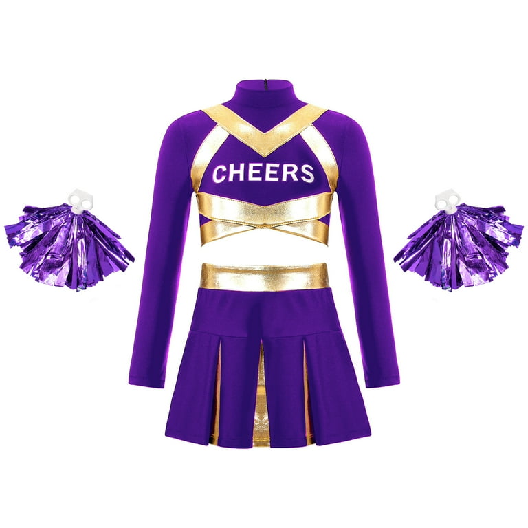 TiaoBug Kids Girls Cheer Leader Uniform Long Sleeve Crop Top Mini
