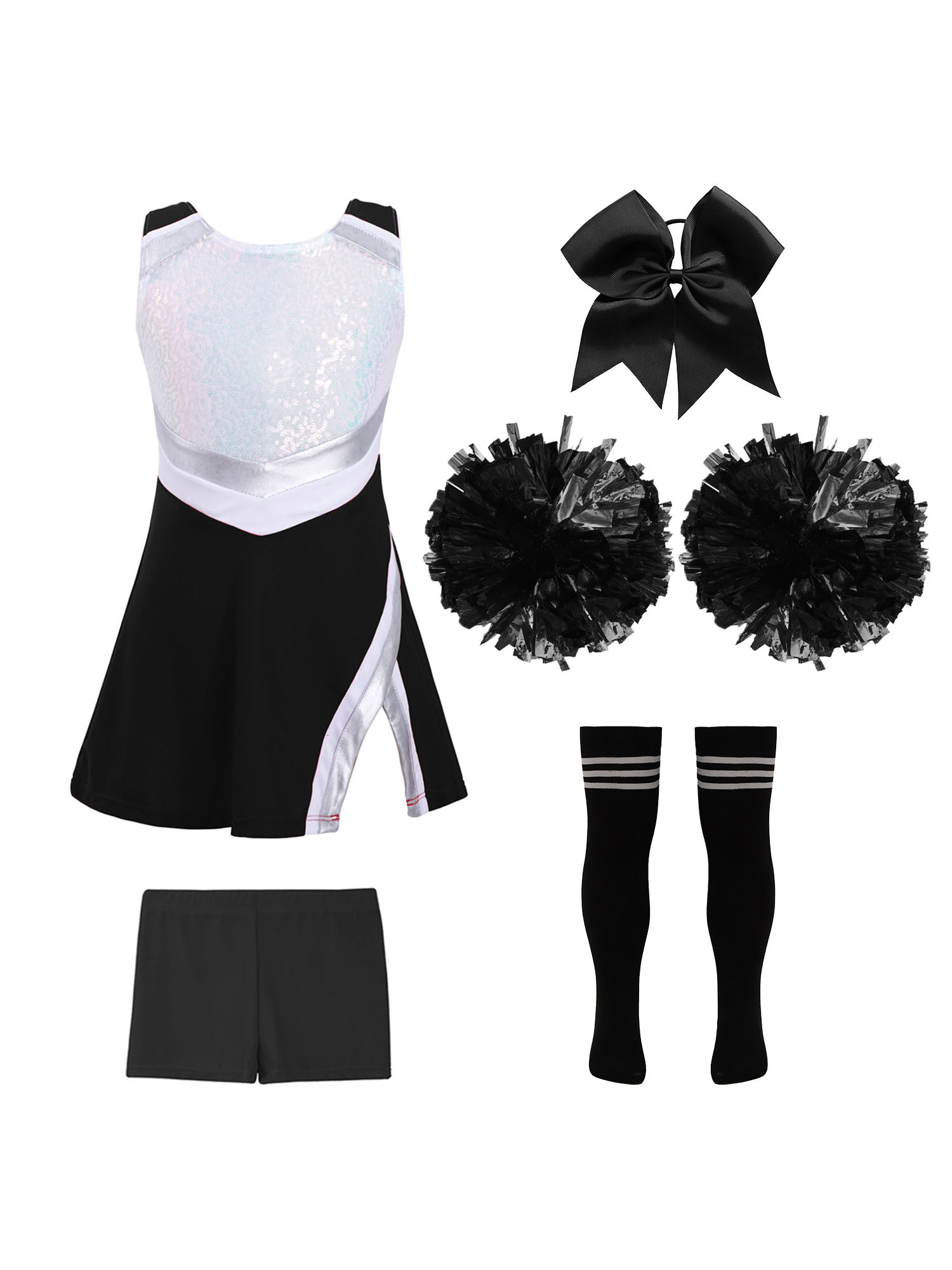 TiaoBug Kids Girls Cheer Leader Uniform Sports Games Cheerleading Dance Outfits Halloween Carnival Fancy Dress Up A Black&White 14 - image 1 of 5