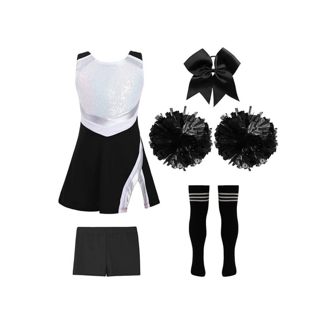 TiaoBug Kids Girls Cheer Leader Uniform Sports Games Cheerleading Dance Outfits Halloween Carnival Fancy Dress Up A Black&White 14