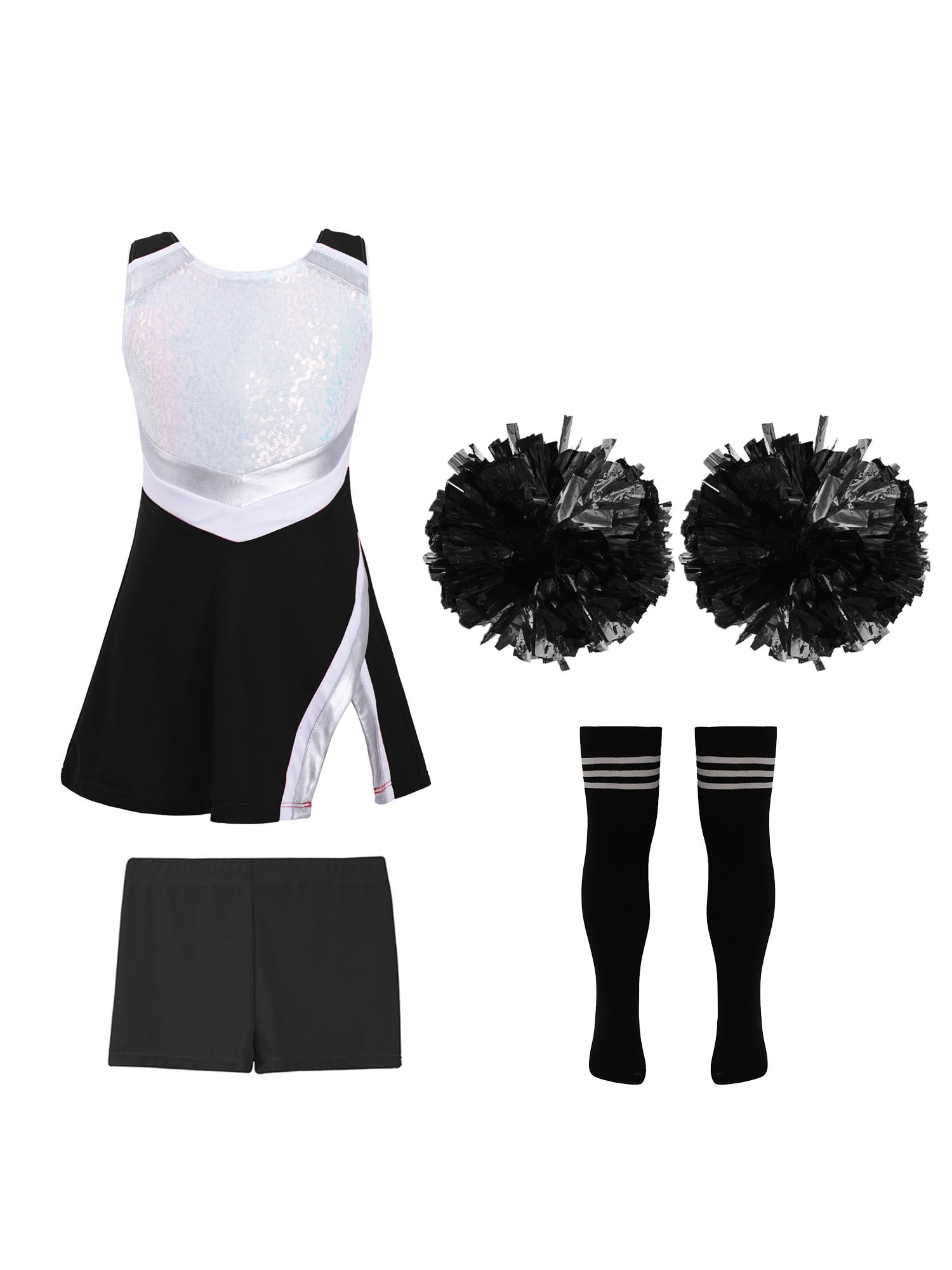 TiaoBug Kids Girls Cheer Leader Uniform Sports Games Cheerleading Dance Outfits Halloween Carnival Fancy Dress Up A Black&White-A 14 - image 1 of 5