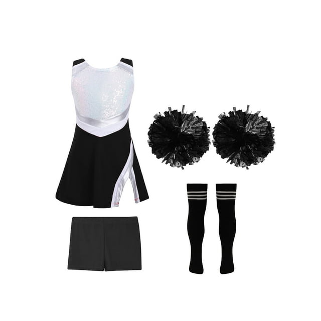 TiaoBug Kids Girls Cheer Leader Uniform Sports Games Cheerleading Dance Outfits Halloween Carnival Fancy Dress Up A Black&White-A 14