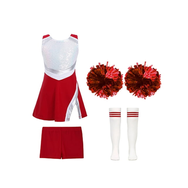 TiaoBug Kids Girls Cheer Leader Uniform Sports Games Cheerleading Dance Outfits Halloween Carnival Fancy Dress Up A Red-A 14