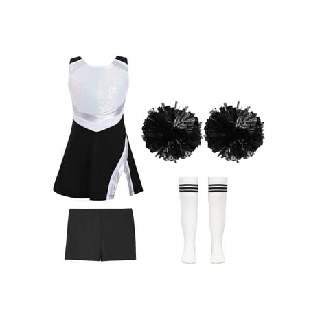 TiaoBug Kids Girls Cheer Leader Uniform Sports Games Cheerleading Dance Outfits Halloween Carnival Fancy Dress Up A White&Black-A 12