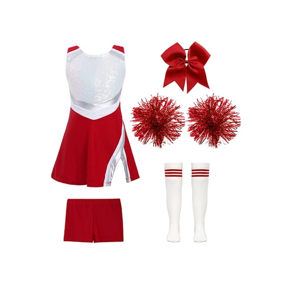 TiaoBug Kids Girls Cheer Leader Uniform Sports Games Cheerleading Dance Outfits Halloween Carnival Fancy Dress Up B Red 8