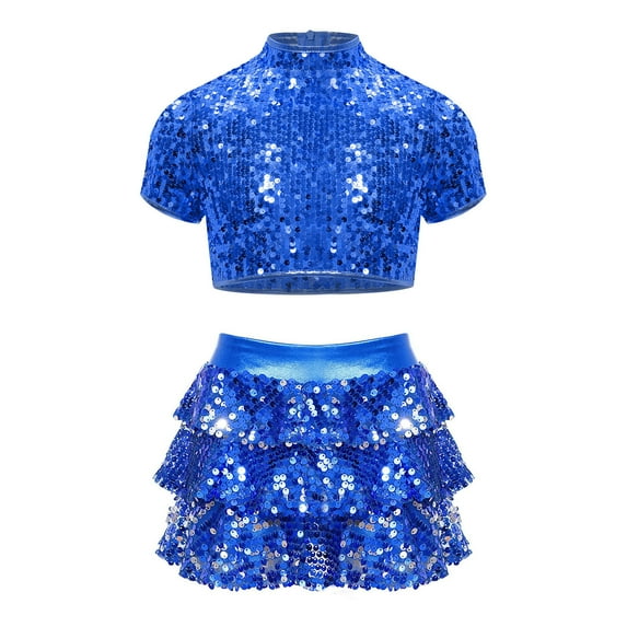 TiaoBug Kids Girls Cheerleading Costume Sparkly Short Sleeve Crop Tops with Culottes for Cheer Performance Blue 12