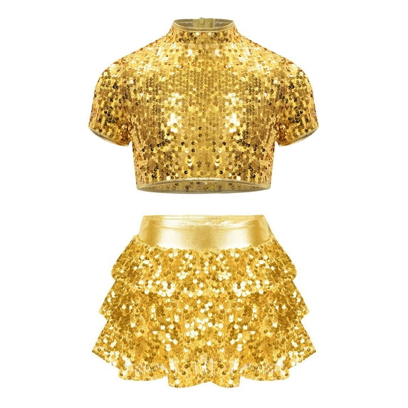 TiaoBug Kids Girls Cheerleading Costume Sparkly Short Sleeve Crop Tops with Culottes for Cheer Performance Gold 10