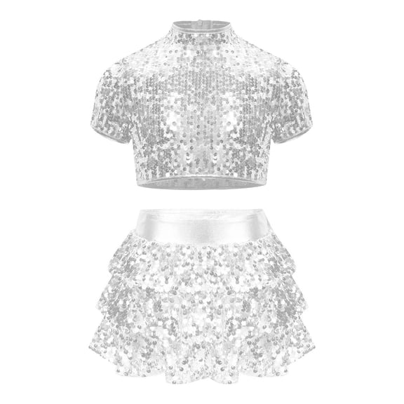 TiaoBug Kids Girls Cheerleading Costume Sparkly Short Sleeve Crop Tops with Culottes for Cheer Performance Silver 12