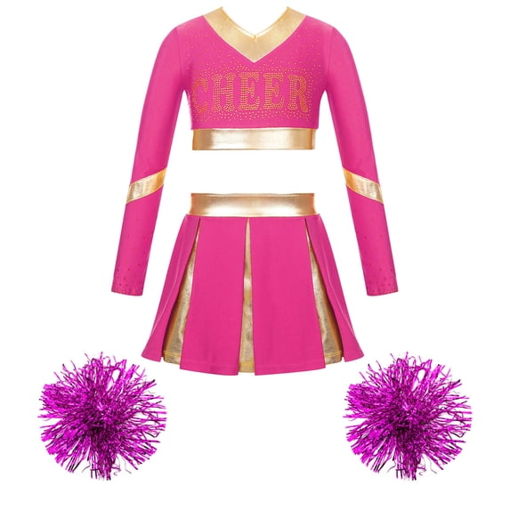 TiaoBug Kids Girls Cheerleading Dance Outfit High School Long Sleeve Crop Top with Pleated Skirt Pom Poms Hot Pink 12