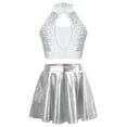 thumbnail image 1 of TiaoBug Kids Girls Cheerleading Dance Outfits Sequins Sleeveless Jazz Crop Top with Metallic Pleated Skirt White 8, 1 of 5