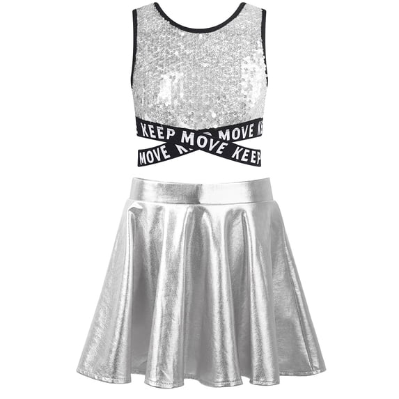 TiaoBug Kids Girls Cheerleading Jazz Dance Outfits Sequins Sleeveless Crop Tops and Skirts Set Silver 8