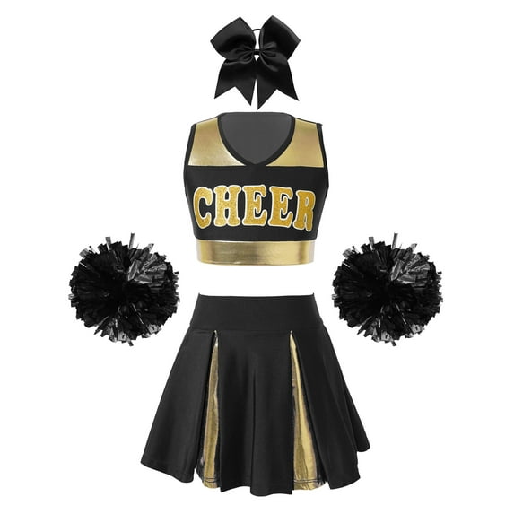 TiaoBug Kids Girls Cheerleading Outfit Set Sleeveless Crop Top Pleated Skirt with Pompoms And Headwear A Black 14