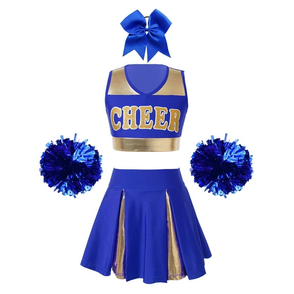 TiaoBug Kids Girls Cheerleading Outfit Set Sleeveless Crop Top Pleated Skirt with Pompoms And Headwear A Blue 10