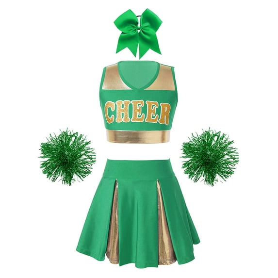 TiaoBug Kids Girls Cheerleading Outfit Set Sleeveless Crop Top Pleated Skirt with Pompoms And Headwear B Green 10