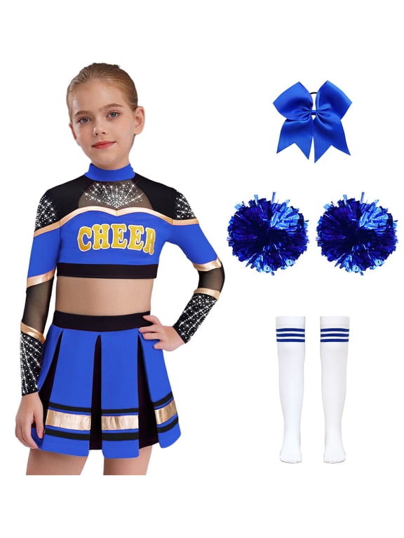 Kids Girls Cheerleading Outfit Sparkle Cheer Crop Top with Pleated Skirt & Flower Balls Socks Hairband Blue 10