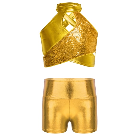 TiaoBug Kids Girls Cheerleading Outfits Shiny Sequin Sleeveless Crop Top and Metallic Shorts Set Dancewear Gold 16