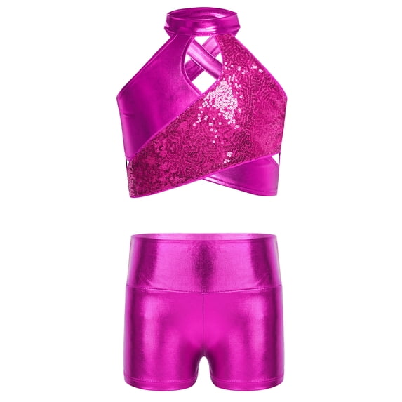 TiaoBug Kids Girls Cheerleading Outfits Shiny Sequin Sleeveless Crop Top and Metallic Shorts Set Dancewear Hot Pink 8