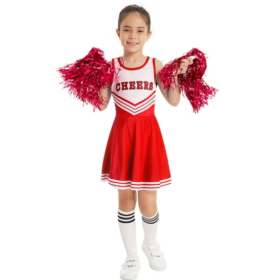 TiaoBug Kids Girls Cheerleading Outfits Tank Pleated Dance Dress Knee High Sock Cheer Uniform Set Red 7-8