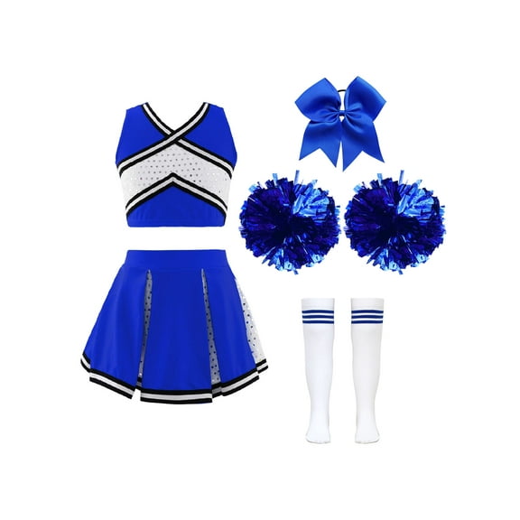 TiaoBug Kids Girls Cheerleading Uniform Halloween Party Outfit Cheer Leader Costume with Pom Poms A Blue 10