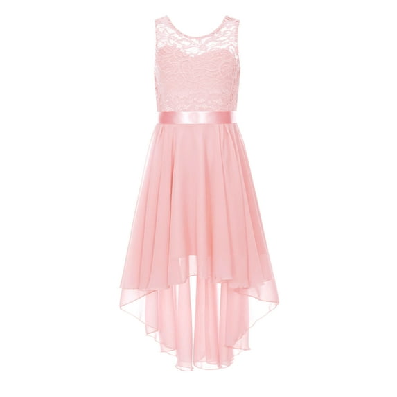 TiaoBug Kids Girls Chiffon Sleeveless Wedding Bridesmaid Dress Floral Lace High Low Hem Flower Girl Dress