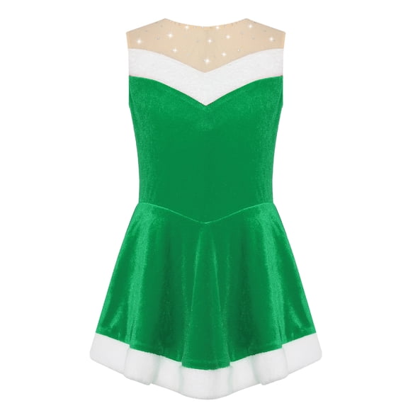 TiaoBug Kids Girls Christmas Ballet Dance Leotard Figure Ice Skating Dress Velvet Santa Claus Costume Green 12