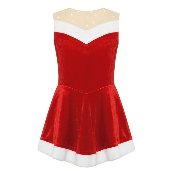 TiaoBug Kids Girls Christmas Ballet Dance Leotard Figure Ice Skating Dress Velvet Santa Claus Costume Red 8