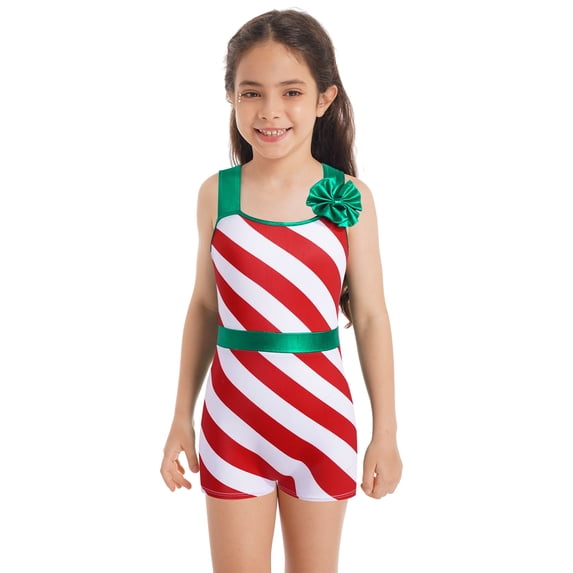 TiaoBug Kids Girls Christmas Ballet Dance Leotards Gymnastics Stripes Print Short Unitard Jumpsuit A Red 14