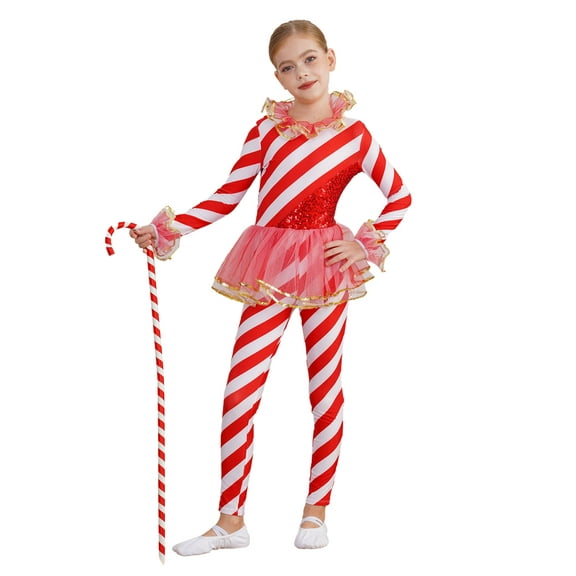 TiaoBug Kids Girls Christmas Candy Cane Jumpsuit Sequins Dance Costume Festival Fancy Dress up Red 6