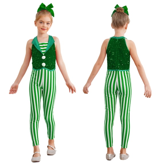 TiaoBug Kids Girls Christmas Candy Cane Sequined Dance Jumpsuits Gymnastics Dance Performance Unitard Green 14