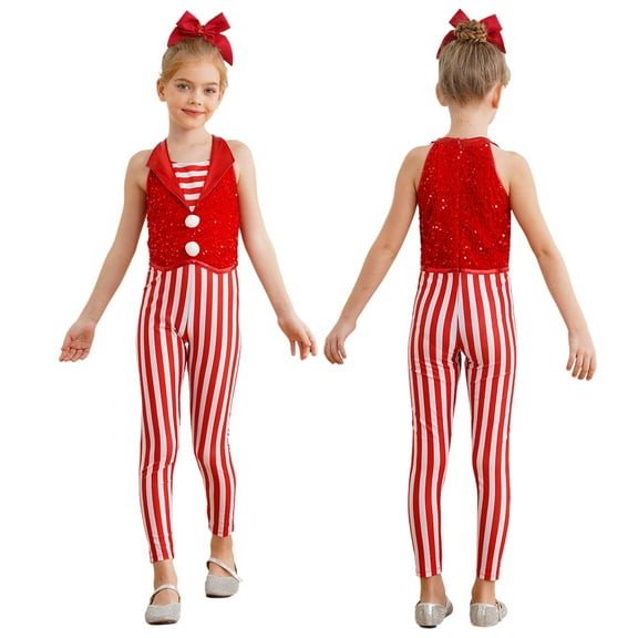 TiaoBug Kids Girls Christmas Candy Cane Sequined Dance Jumpsuits Gymnastics Dance Performance Unitard Red 14