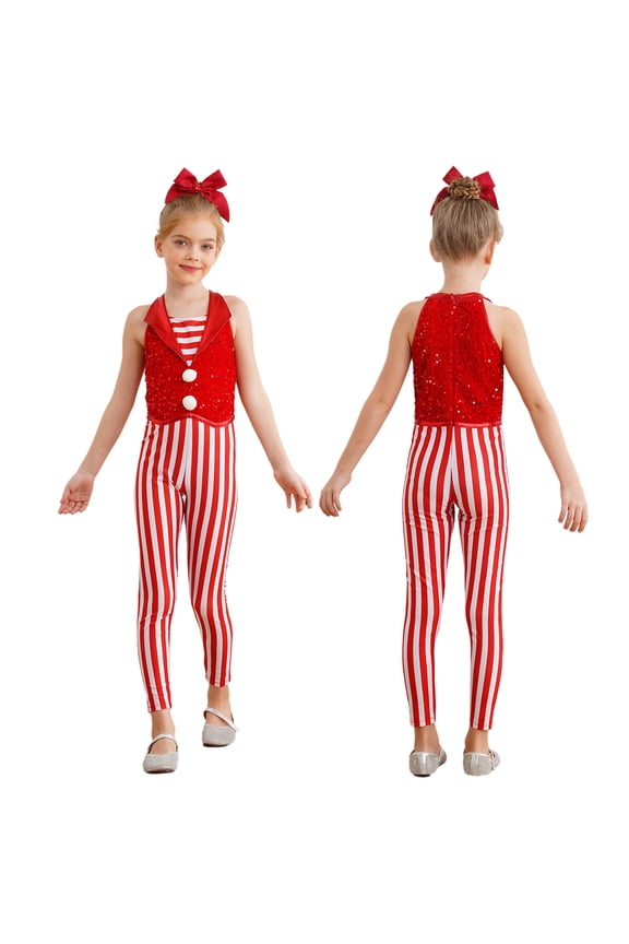 Kids Girls Christmas Candy Cane Sequined Dance Jumpsuits Gymnastics Dance Performance Unitard Red 14