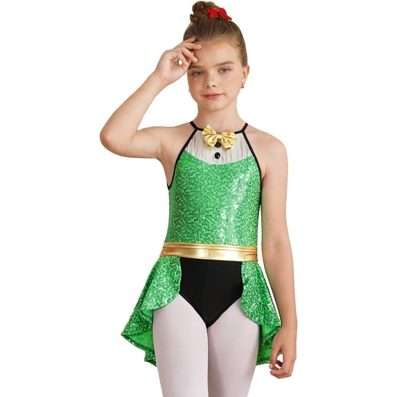 TiaoBug Kids Girls Christmas Costume Sequin Sleeveless Jumpsuit Figure Ice Skating Dance Leotard Dress Green 14