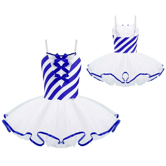 TiaoBug Kids Girls Christmas Dance Dresses Cami Striped Mesh Tutu Dress with Bowknot 4-16 Blue 14