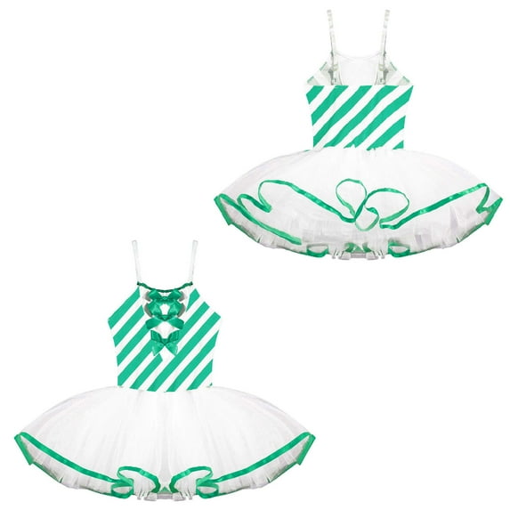 TiaoBug Kids Girls Christmas Dance Dresses Cami Striped Mesh Tutu Dress with Bowknot 4-16 Green 10