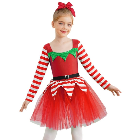 TiaoBug Kids Girls Christmas Elf Costume Xmas Festival Fancy Dress Up Stripes Dance Tutu Dress Red 4