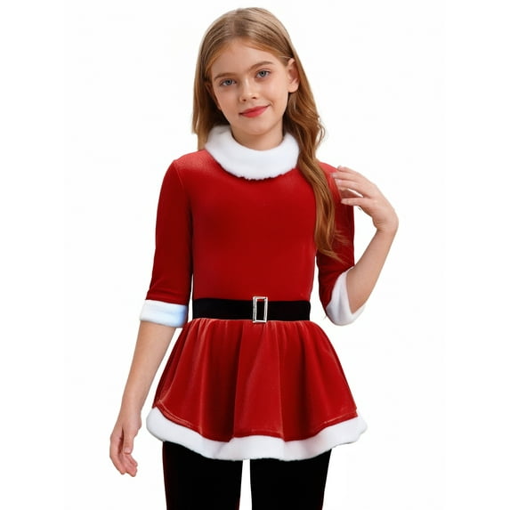 TiaoBug Kids Girls Christmas Figure Ice Skating Dress Santa Velvet 3/4 Sleeves Tutu Dress Holiday Performance Red 16