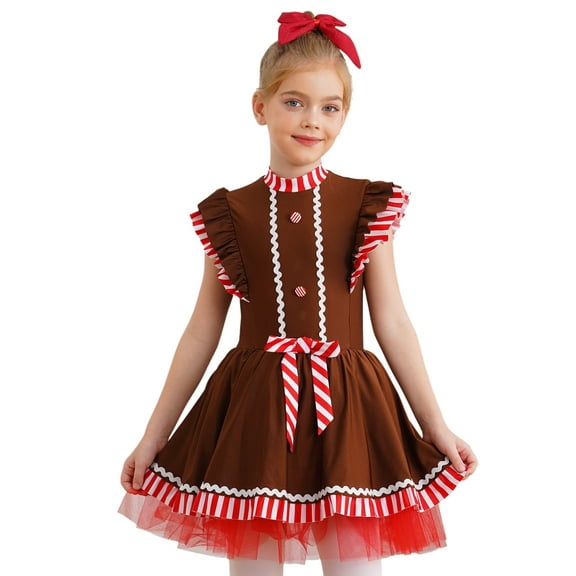 TiaoBug Kids Girls Christmas Gingerbread Man Costume Xmas Party Cookie Dance Dress Up Brown 8