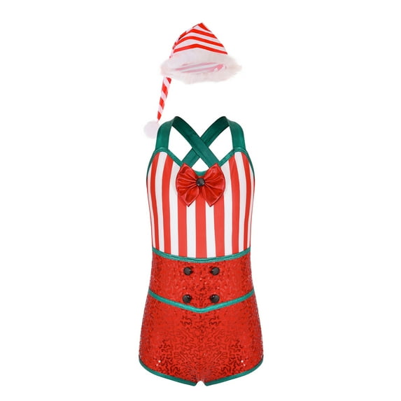 TiaoBug Kids Girls Christmas Sequins Dance Leotard Sleeveless Gymnastics Jumpsuit Unitard with Hat Red 6