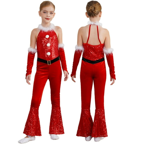 TiaoBug Kids Girls Christmas Sleeveless Velvet Sequins Party Jumpsuit Ballet Dance Leotards Outfits Red 16