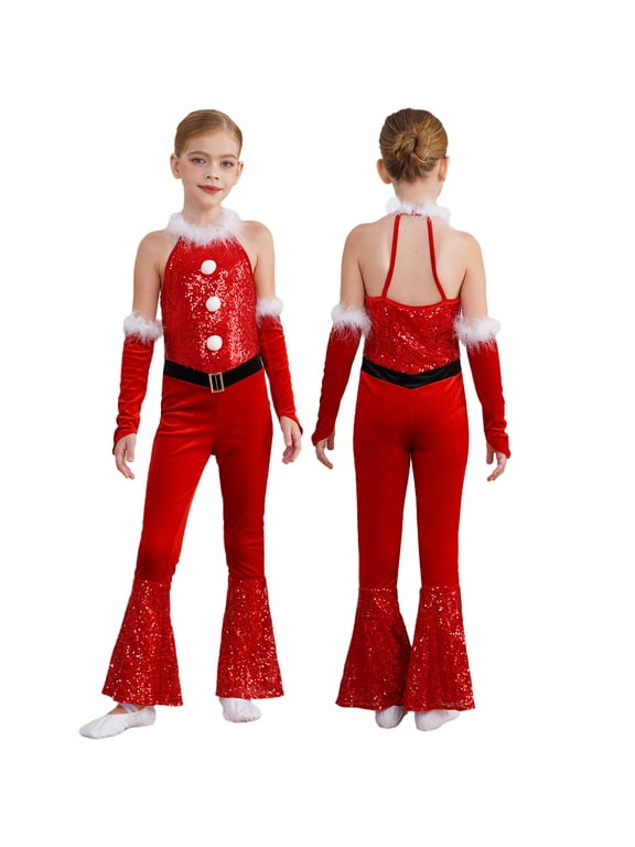 Kids Girls Christmas Sleeveless Velvet Sequins Party Jumpsuit Ballet Dance Leotards Outfits Red 6