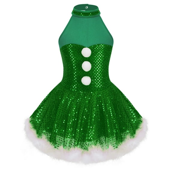TiaoBug Kids Girls Christmas Snowman Dance Costume Sequins Mesh Splice Figure Ice Skating Dress Green 12
