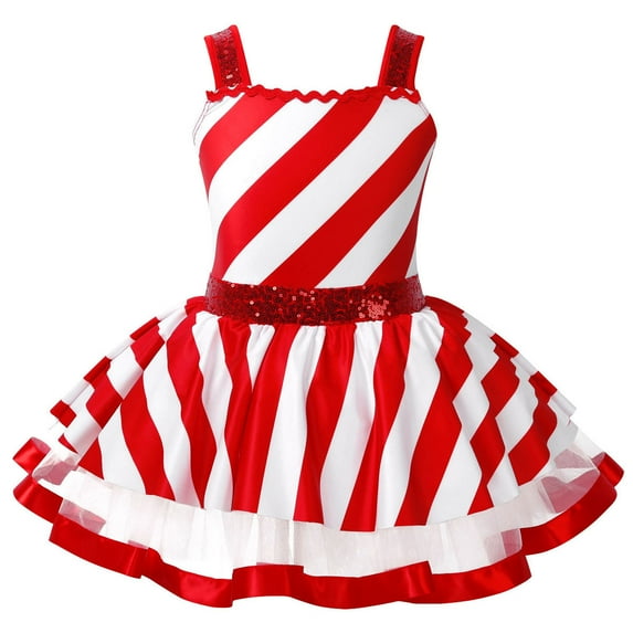 TiaoBug Kids Girls Chritsmas Candy Cane Costume Sequins Sleeveless Striped Figure Skating Tutu Dress A Red 6