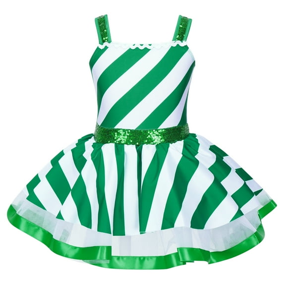 TiaoBug Kids Girls Chritsmas Candy Cane Costume Sequins Sleeveless Striped Figure Skating Tutu Dress Green 16