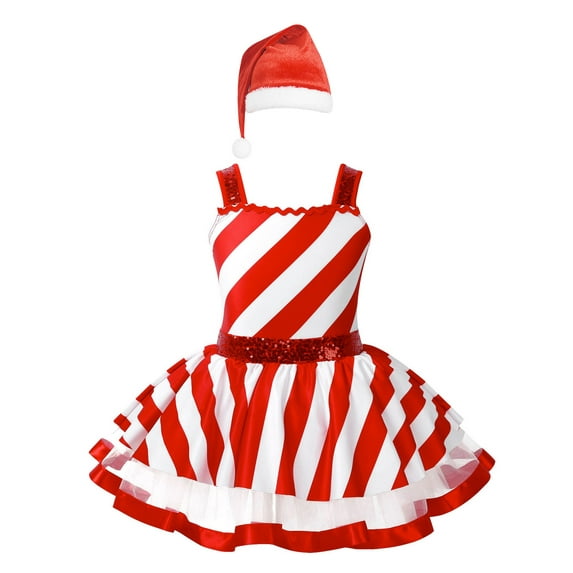TiaoBug Kids Girls Chritsmas Candy Cane Costume Sequins Sleeveless Striped Figure Skating Tutu Dress Red 4