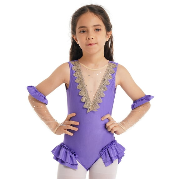 TiaoBug Kids Girls Circus Costume Shiny Ruffles Leotard with Gloves Halloween Cosplay Party Outfits